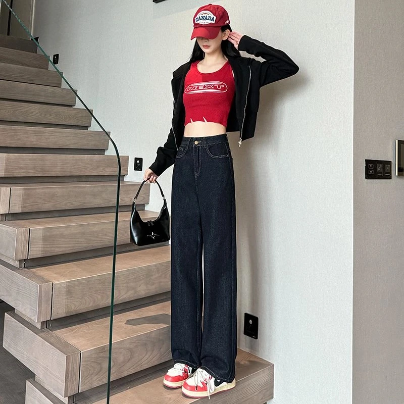 2025夏季新款安可拉红撞色高腰窄版直筒阔腿牛仔裤女大码显瘦百搭
