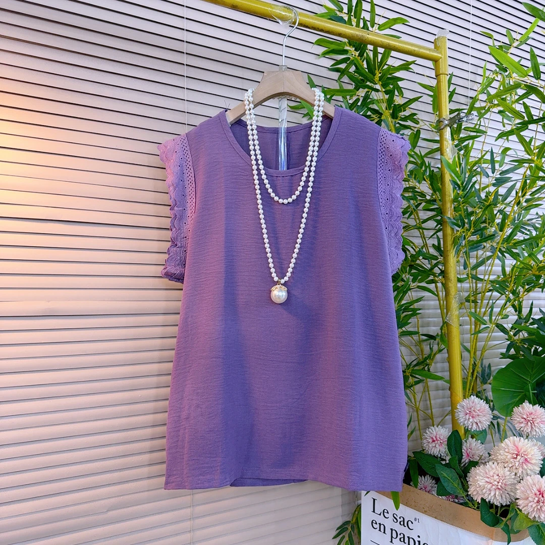 6878胖mm欧货时尚纯色圆领刺绣花边钮扣款显瘦简约宽松无袖百搭衫