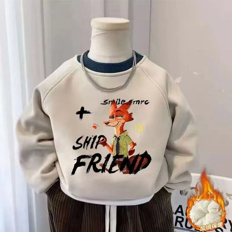 儿童女童春秋新款加绒潮趣卫衣卡通动漫拼接疯狂动物加厚宽松上衣