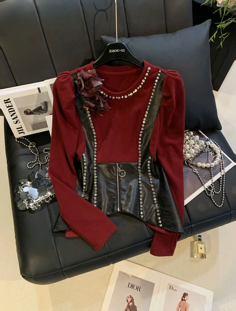 ZHOUYI/周一 2025冬季红色法式复古钻饰假两件上衣百搭拼接针织衫