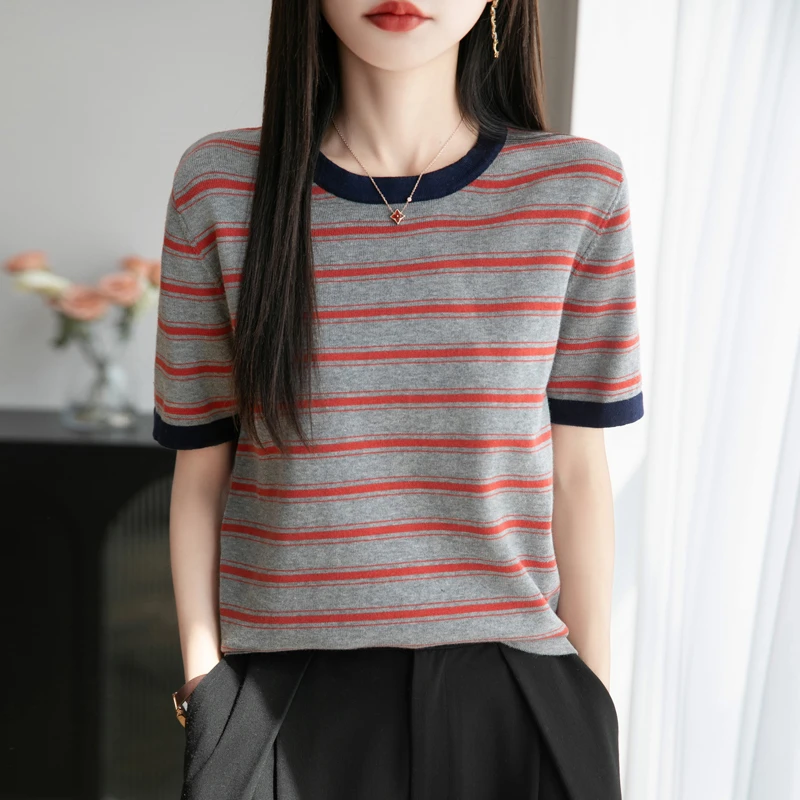 品牌夏季新款针织衫圆领纯棉宽松花条纹短袖t恤棉上衣