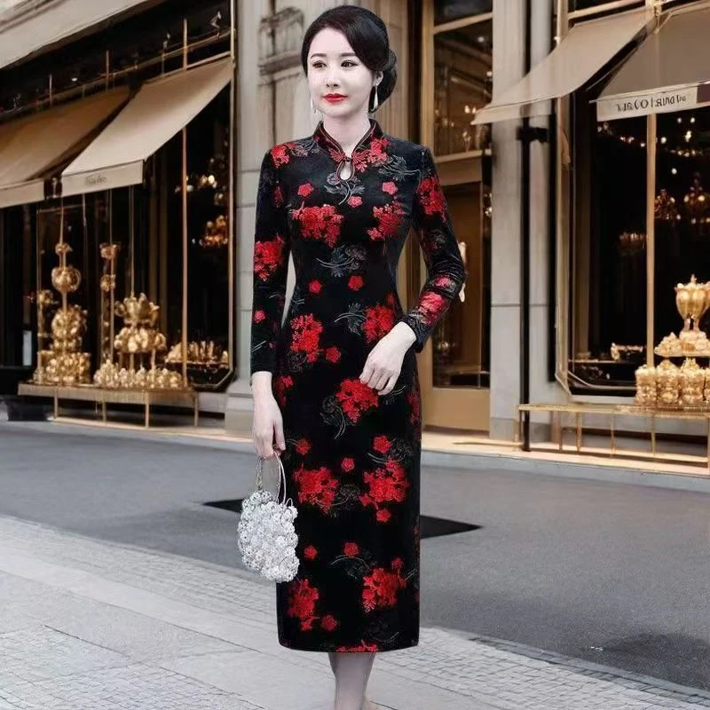 新款时尚印花裙气质减龄收腰遮肉裙子女长裙过膝