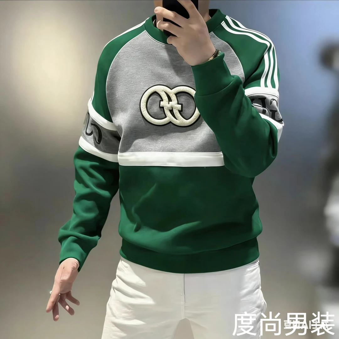 2025欧版新款高品质加绒男士刺绣时尚保暖潮流百搭打底衫长袖卫衣