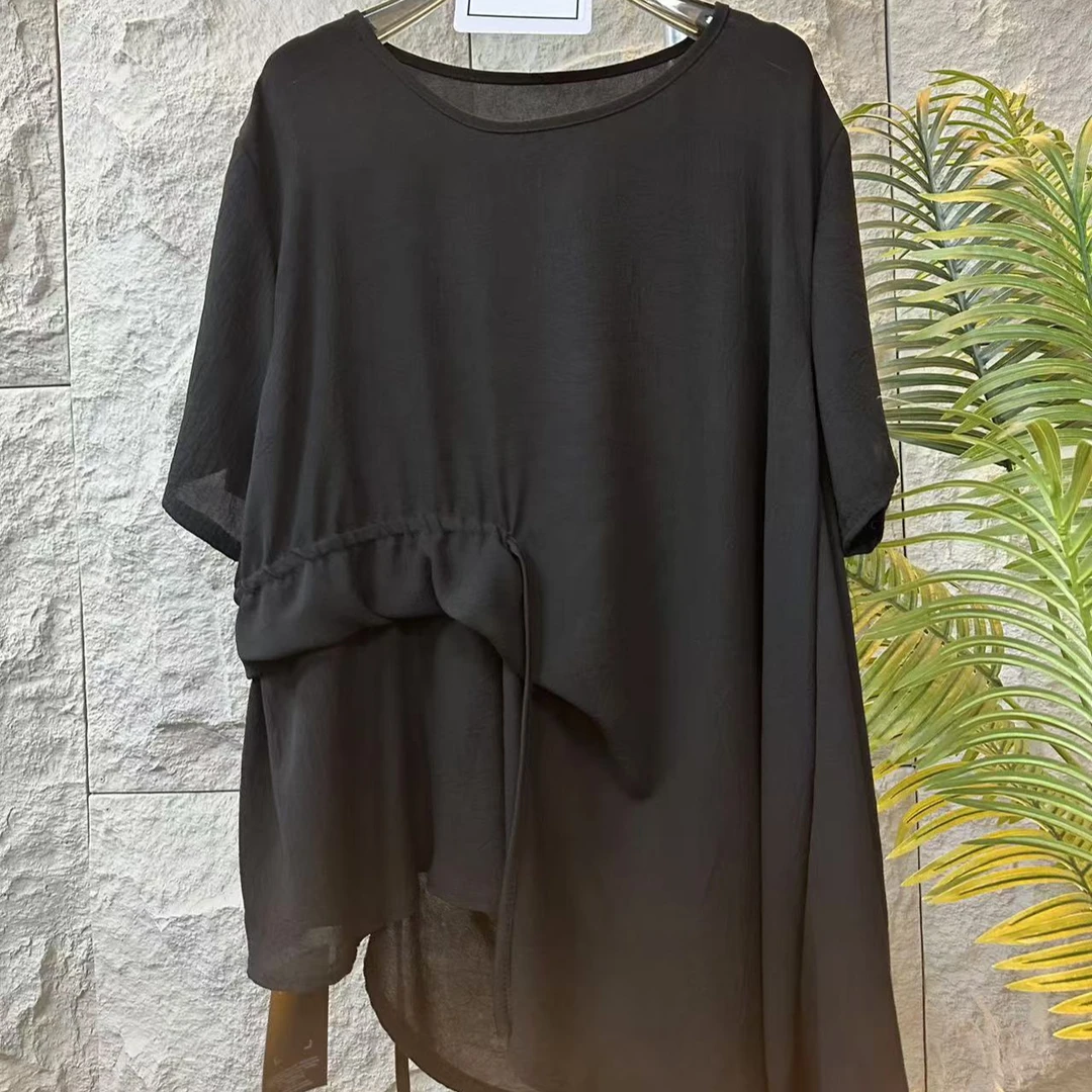 510新款女装时尚气质圆领短袖网纱上衣雪纺衫宽松遮肚子