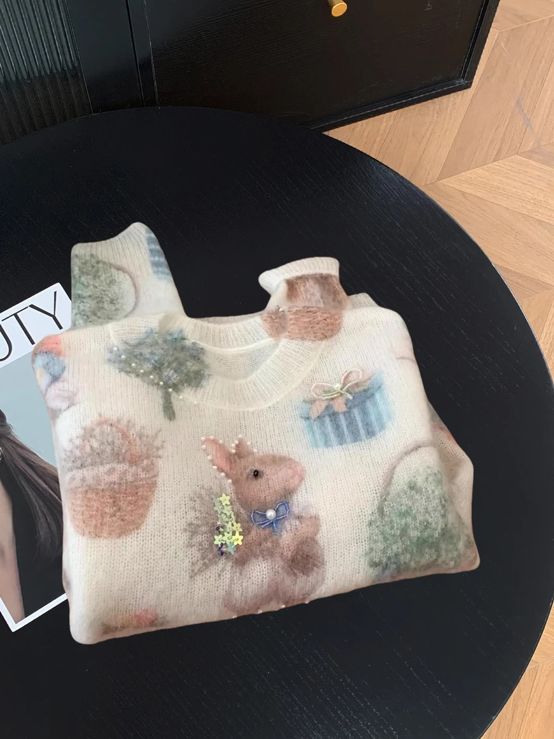 可爱少女感小兔子印花针织衫毛衣女秋冬甜美减龄重工烫钻钉珠上衣