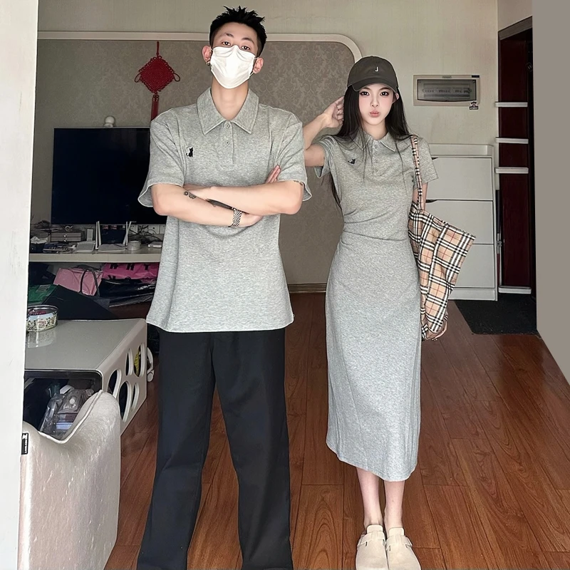 情侣装夏天款一男一女刺绣polo领短袖连衣裙收腰显瘦学院风长裙子