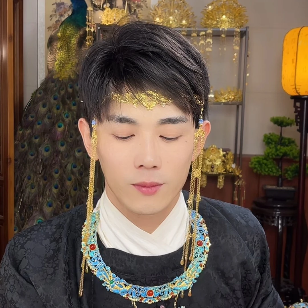 铜合金婚庆饰品 华翊堂原创设计铜镀金镶嵌宝石长流苏额饰手工
