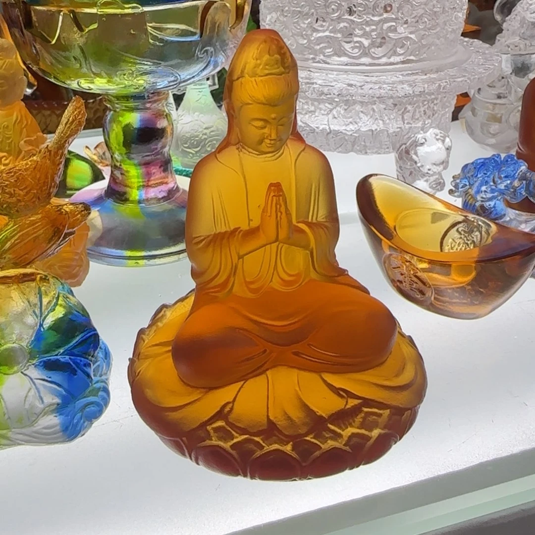 手工艺品琉璃金色观音 圆地台