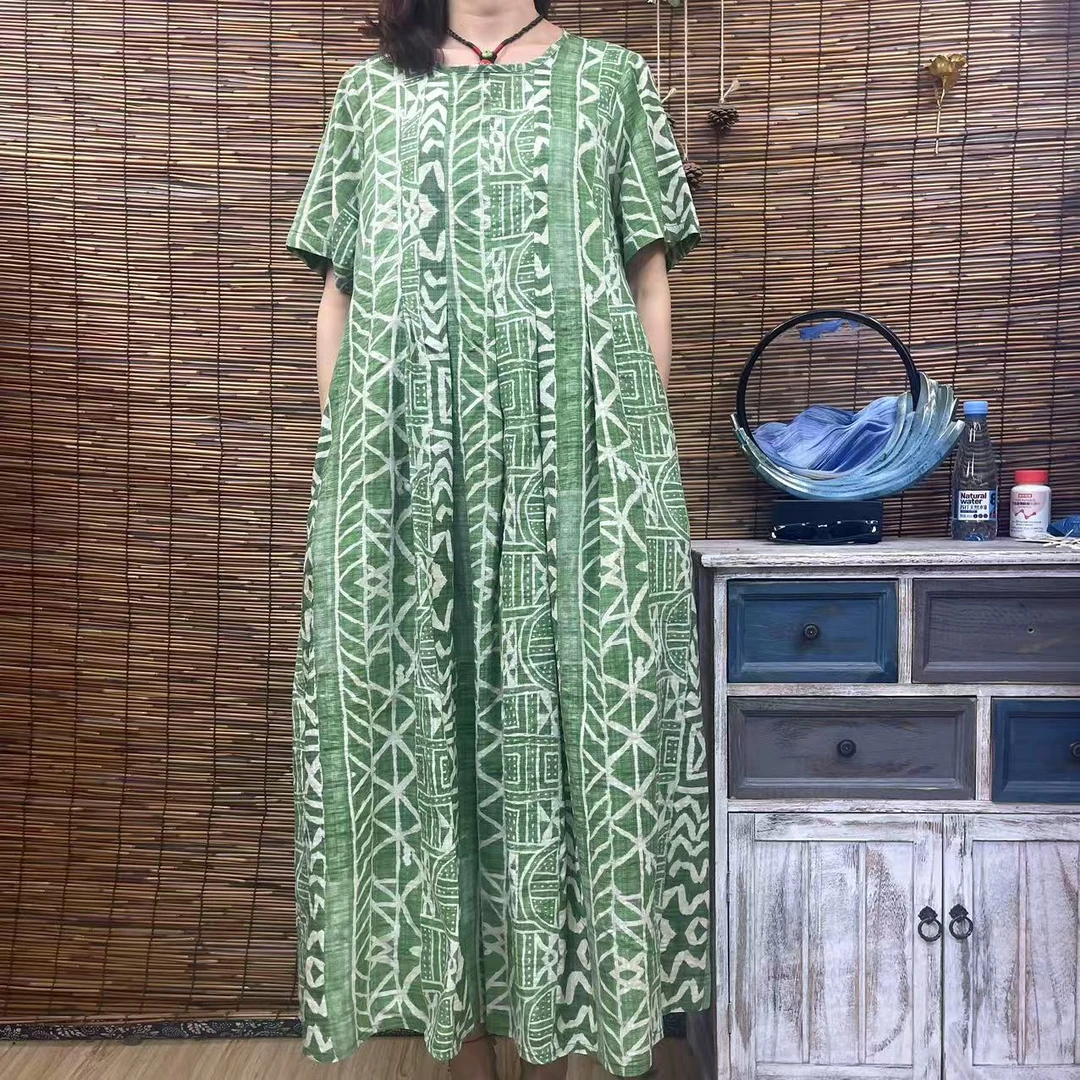 6172新款优雅显瘦气质绿底民族风竖条拼接长款大摆连衣裙时尚
