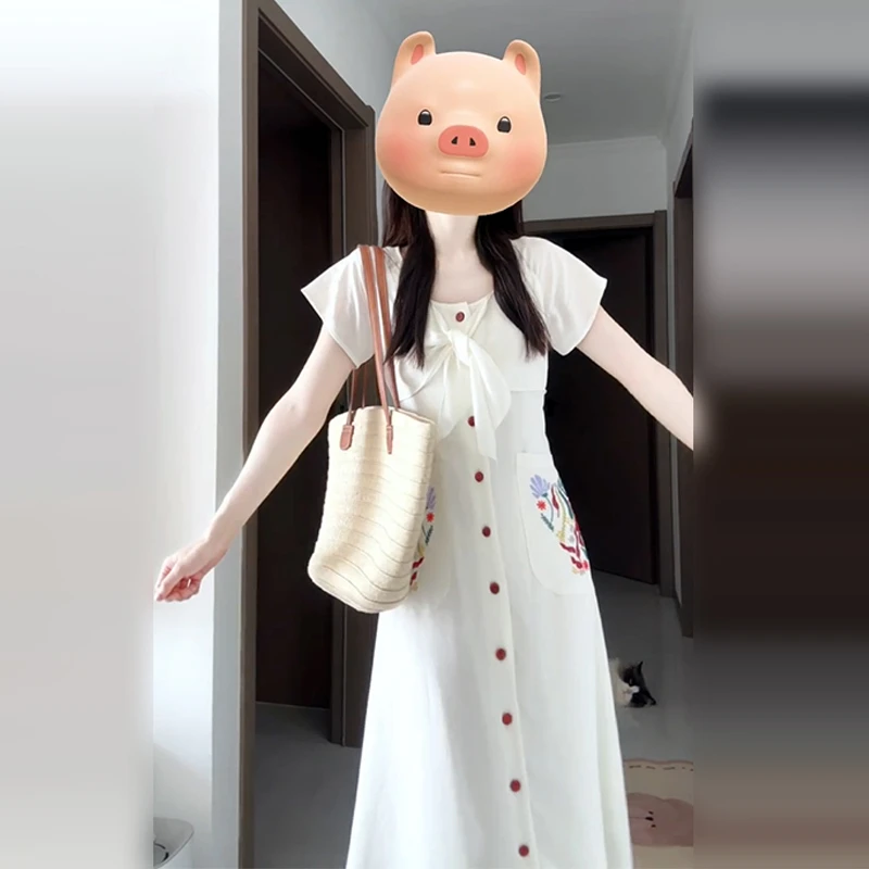 3086法式温柔白色短袖连衣裙子女夏季2025新款高级感气质收腰长裙