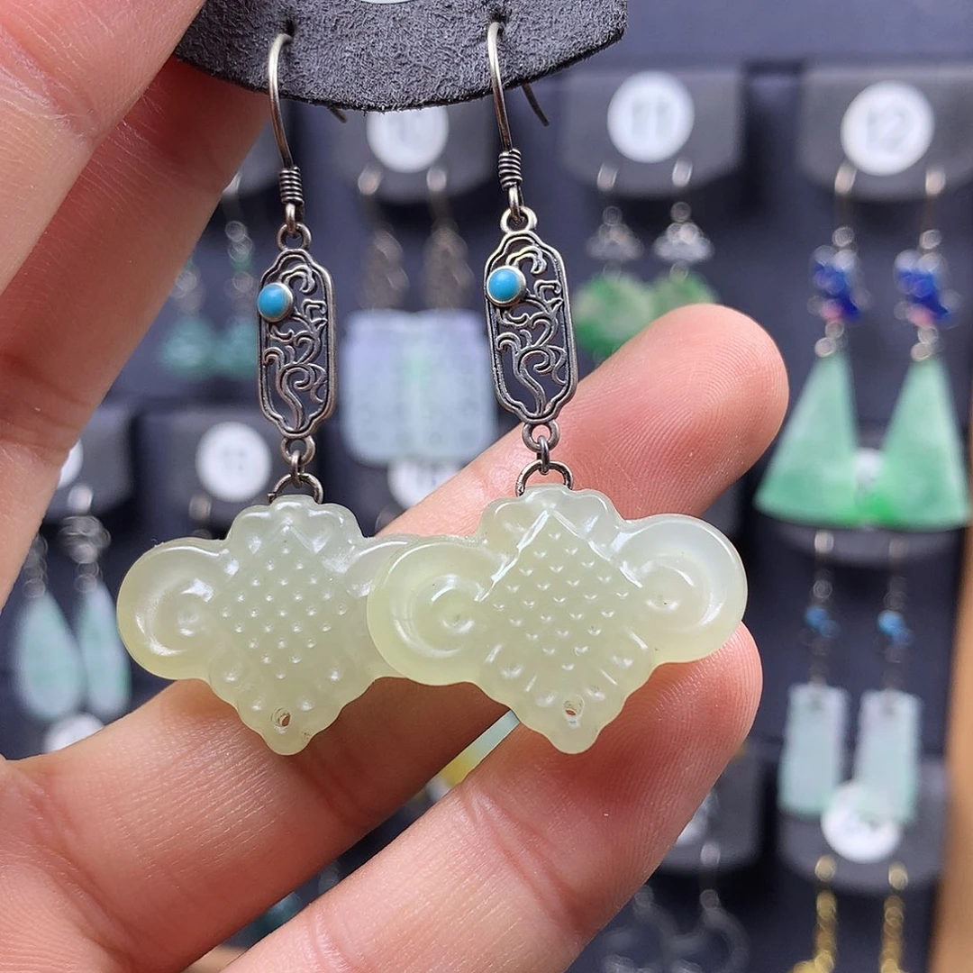 银S925镶嵌和田玉耳饰