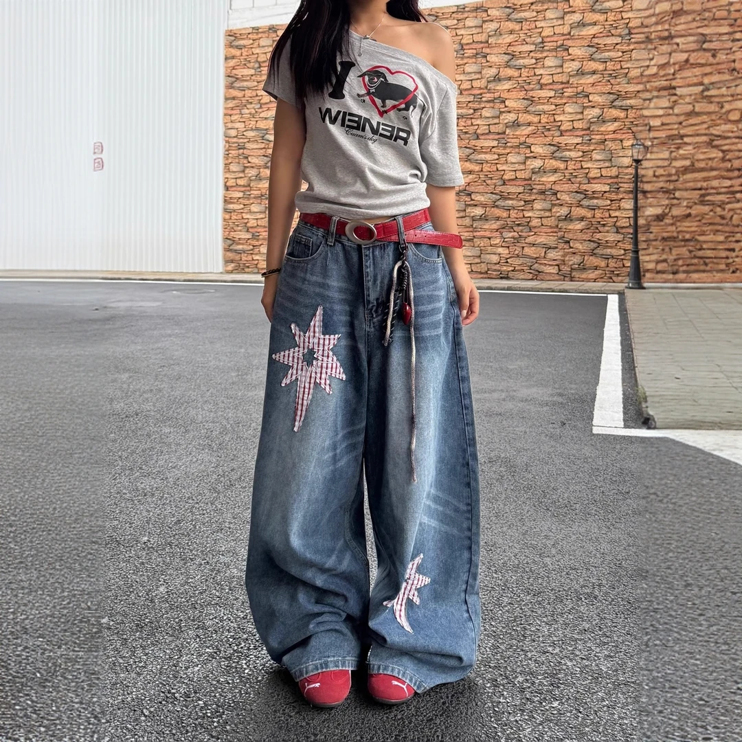 大码美式复古星星贴布牛仔裤男女宽松阔腿跳舞裤子休闲弯刀裤子潮