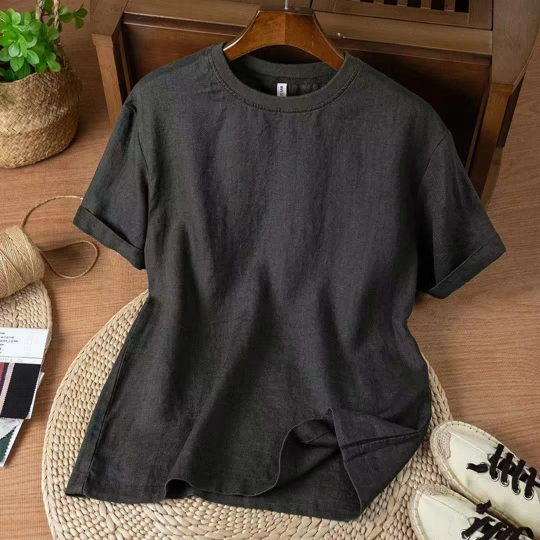 慵懒老钱风休闲圆领T恤衫男士夏季新品轻薄透气宽松百搭短袖上衣
