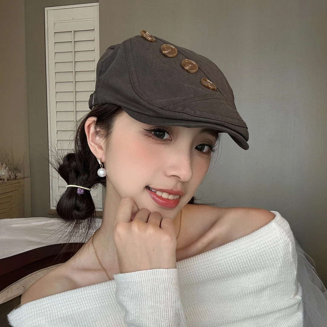 复古纽扣前进帽女2025新款韩版纯色这样画家贝雷帽加大加深鸭舌帽