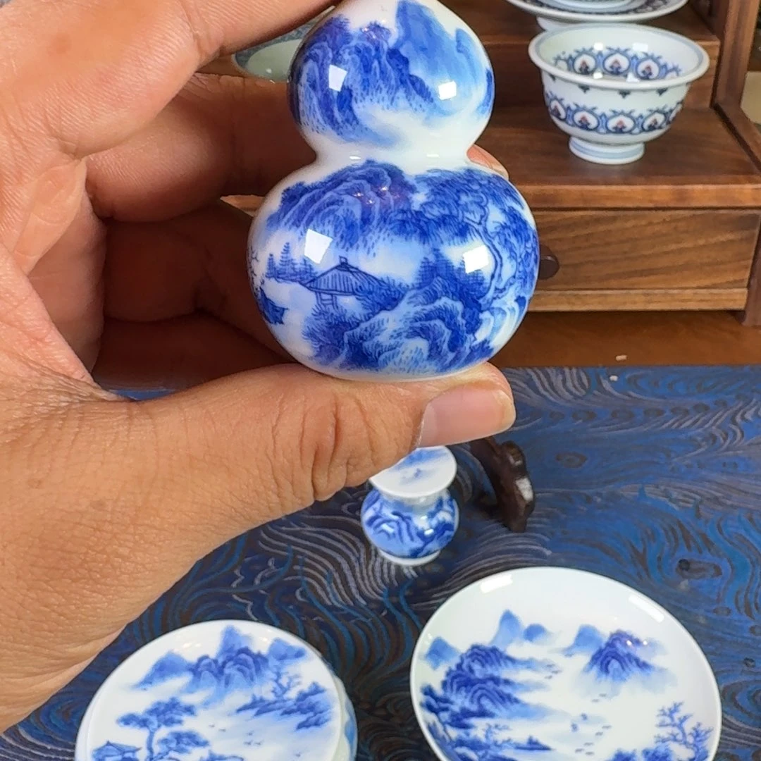 景德镇全手工手绘青花山水葫芦香插