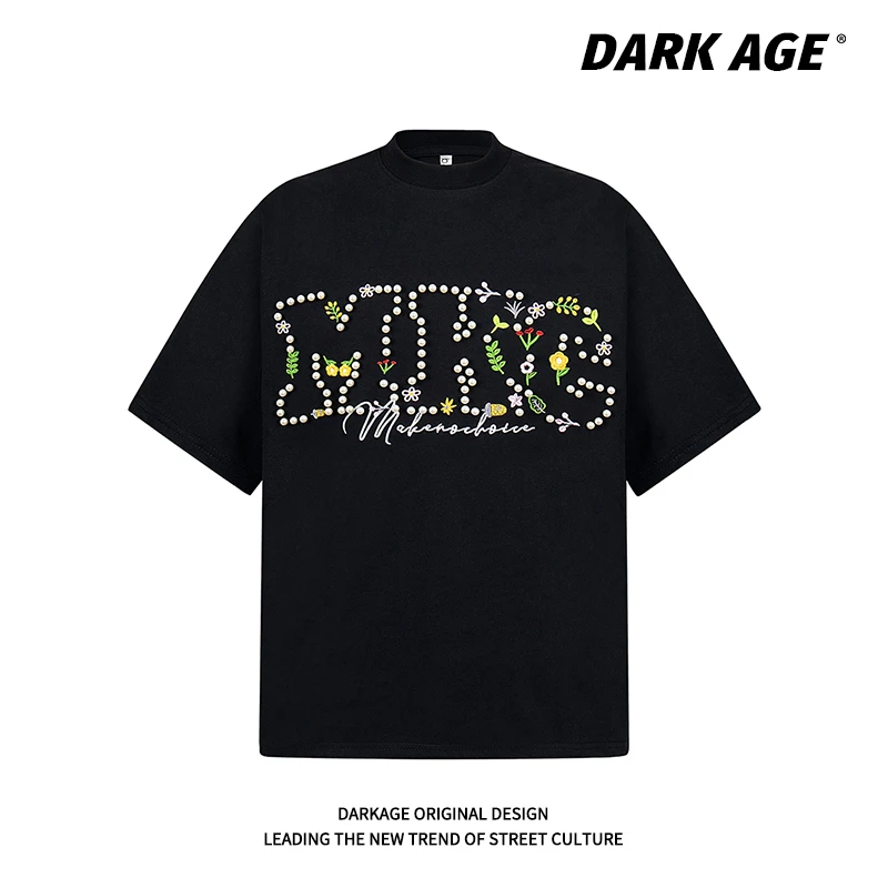DARKAGE美式复古花卉钉珠短袖T恤男女夏季国潮重磅宽松情侣上衣T