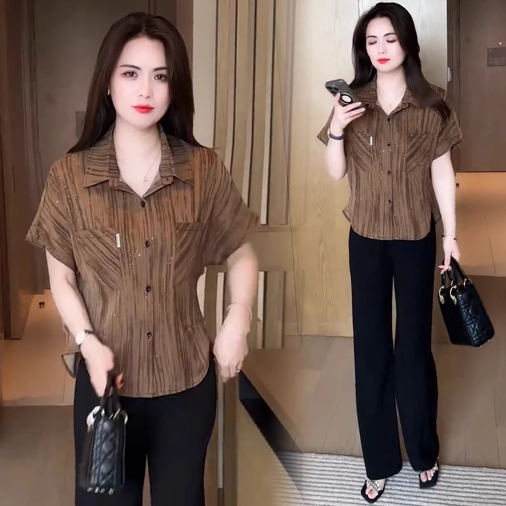 2025夏季新款洋气宽松遮肚子百搭休闲上衣小衫时尚短袖衬衫女薄款