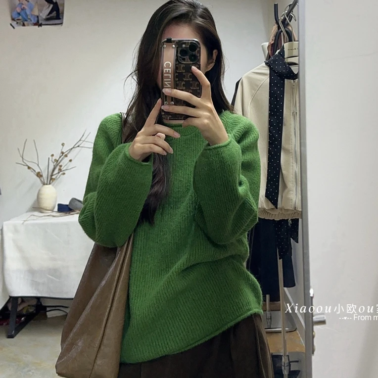 慵懒高级感纯色圆领复古套头毛衣女秋冬2025新款宽松软糯上衣
