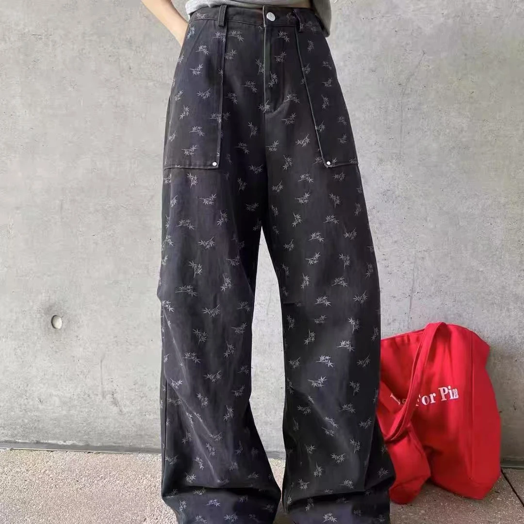 竹子印花牛仔裤6069灰色S