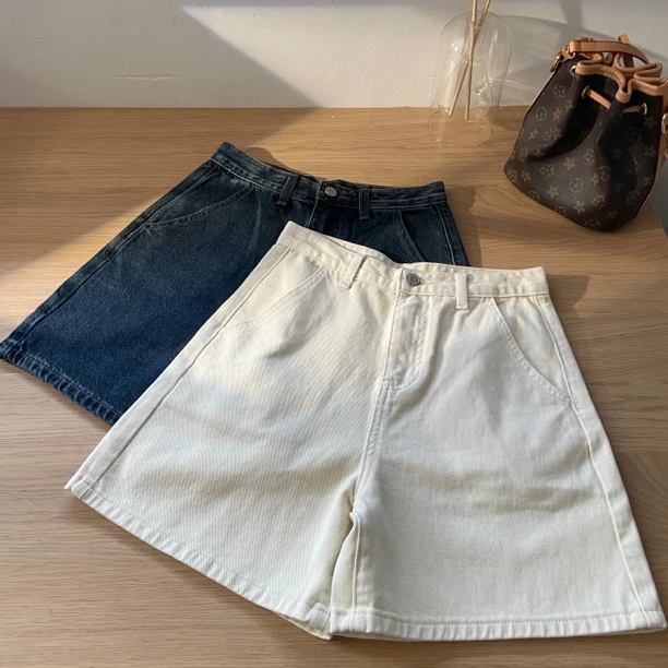 866 棉质高腰时尚短裤牛仔裤夏季裤子女宽松深蓝色阔腿裤