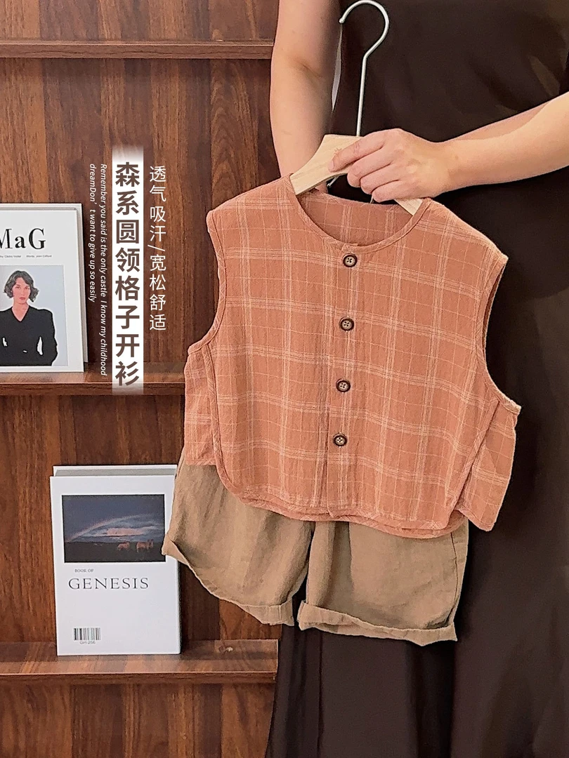 《夏上新》童装男女儿童棉麻上衣娃娃衫无袖T恤小开衫上衣25XL1187