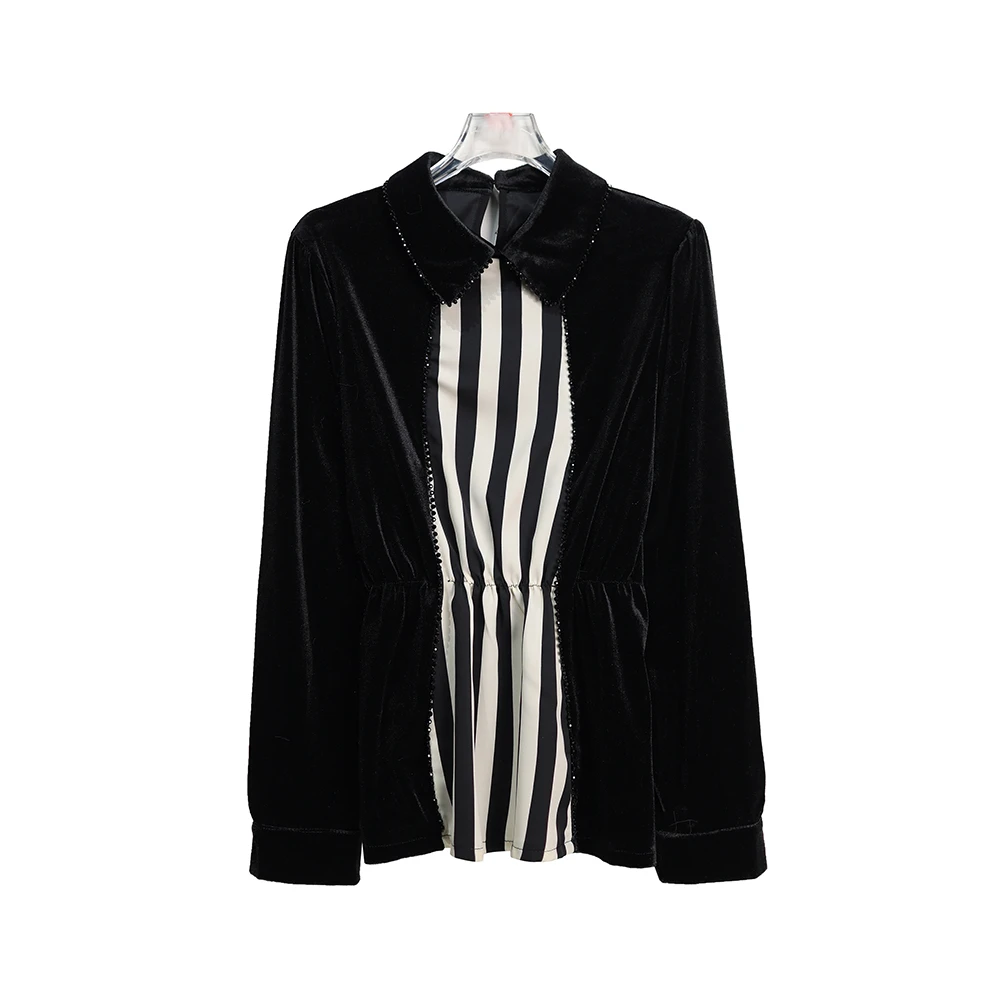 X2617【上新】轻奢黑色显瘦丝绒拼接条纹领上衣百搭气质钉珠衬衫4C