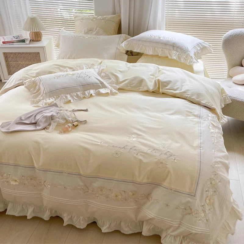 公主风奶油色四件套100支长绒棉夏季清新四件套刺绣被套全棉被子