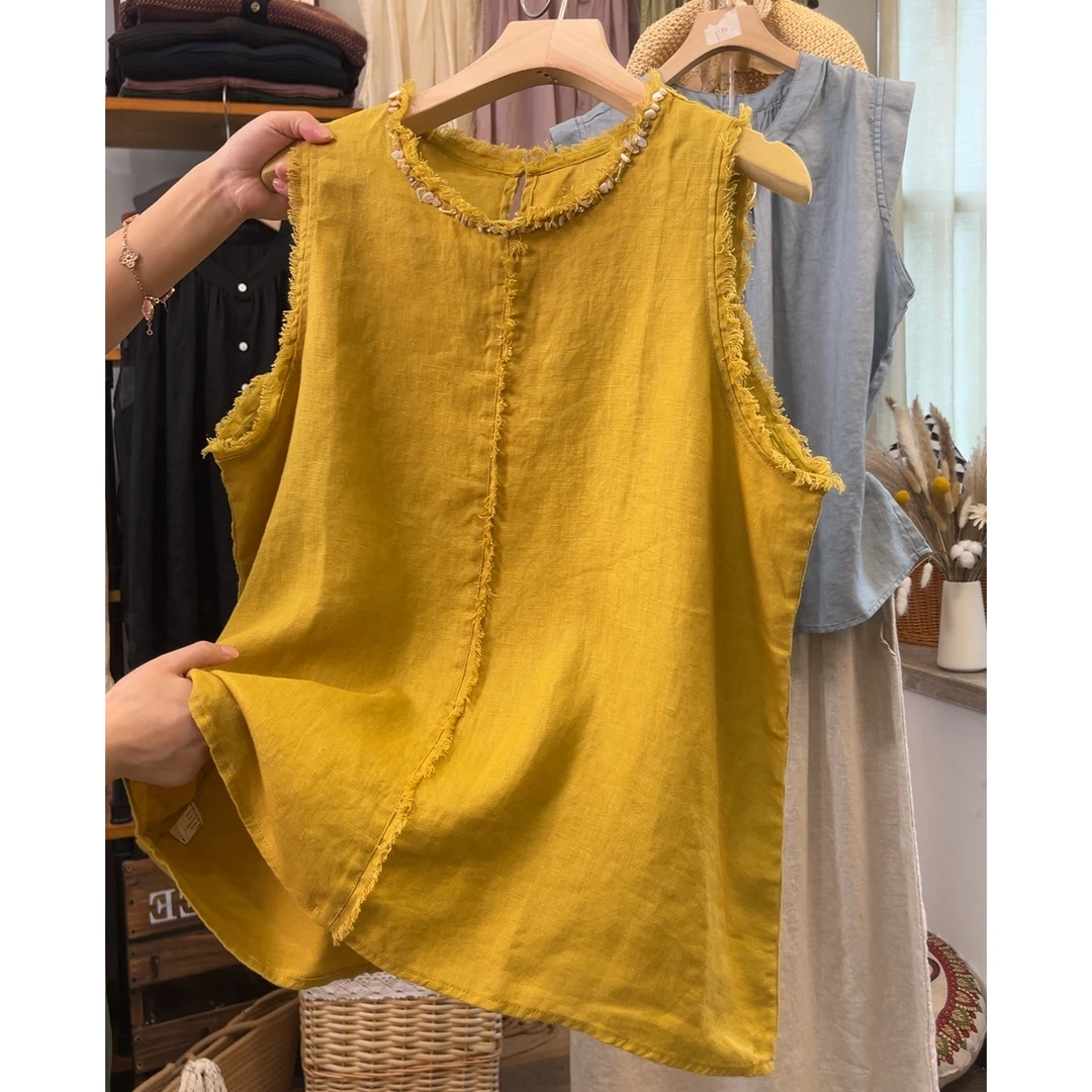 依米 夏季新款毛边设计款亚麻背心女文艺复古休闲百搭时尚上衣