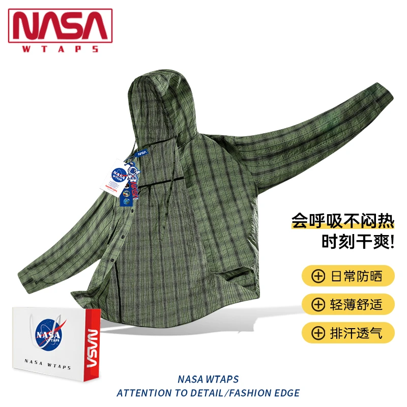 NASA WTAPS户外轻薄格子连帽衬衫男2025夏季流行单品情侣长袖衬衣