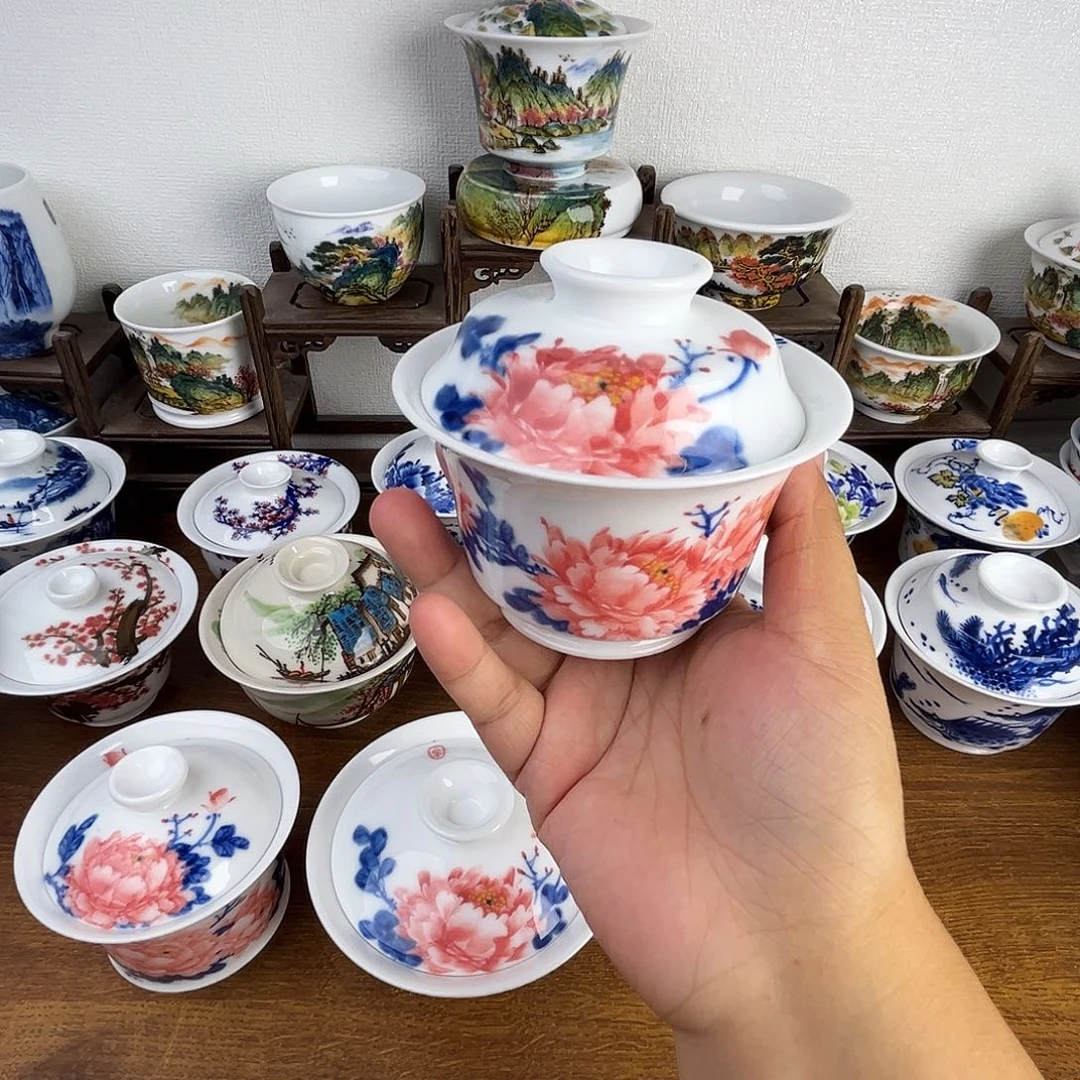 忠意堂釉下彩红牡丹盖碗微瑕不退