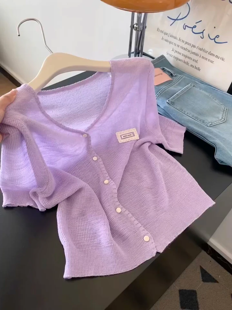 少女风夏季V领短袖薄款毛针织衫女夏2025新款小香风紫色上衣ins潮