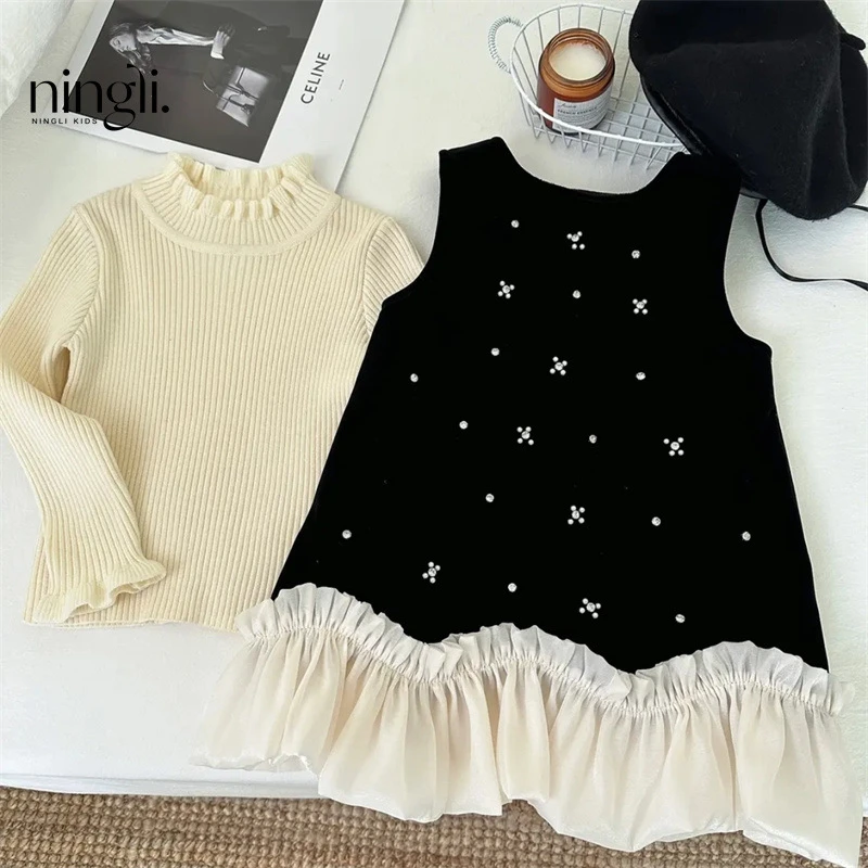 柠里童装女童丝绒2024秋冬连衣裙春秋款儿童宝宝裙子加绒背心裙潮