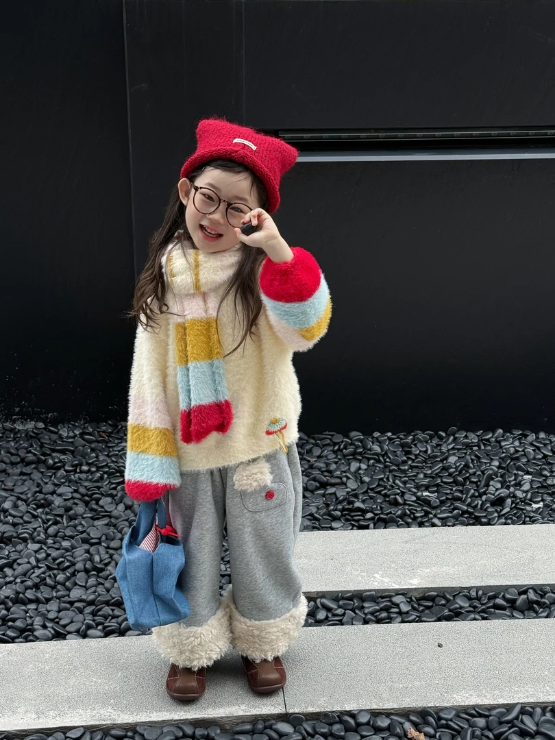 韩国童装2025春季秋冬新款彩色针织毛衣女童加绒阔腿裤女宝宝洋气