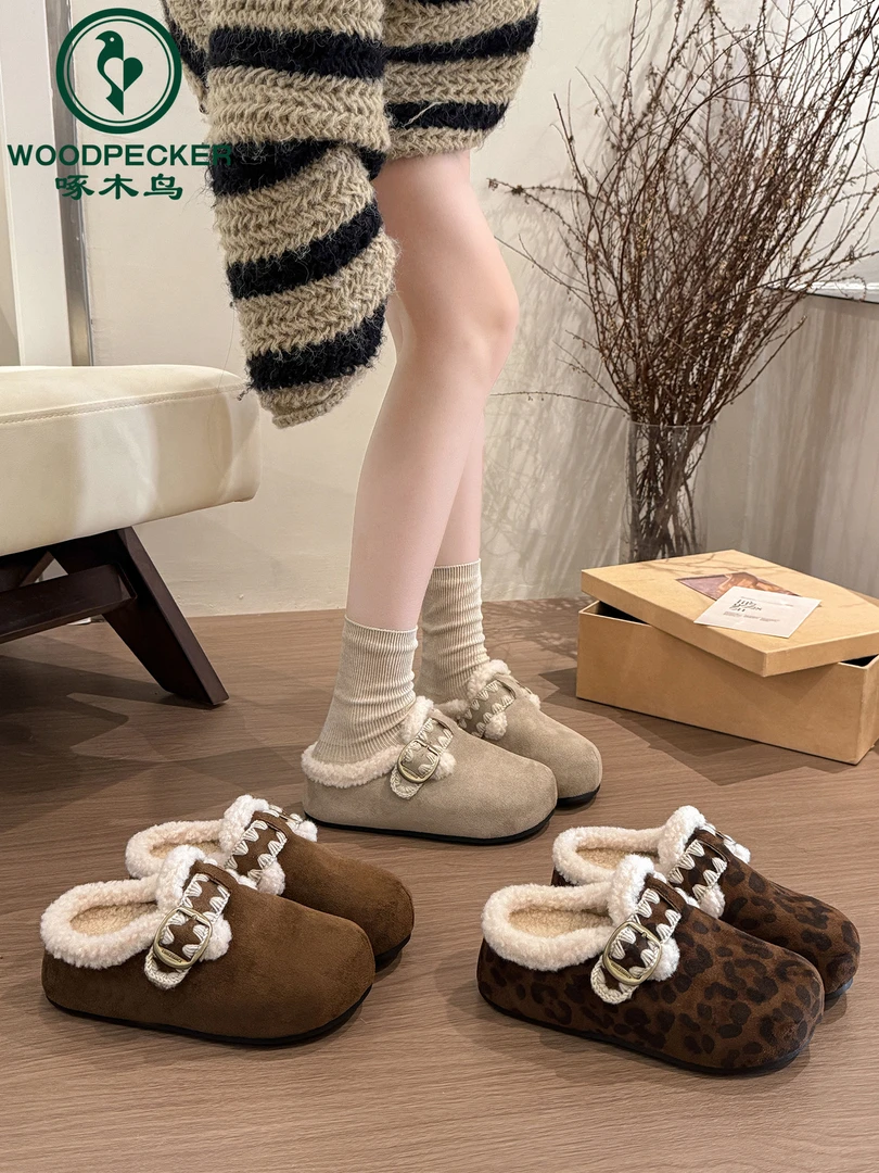 啄木鸟毛毛鞋厚底加绒勃肯鞋包头半拖鞋女款2025新款秋冬季棉拖鞋