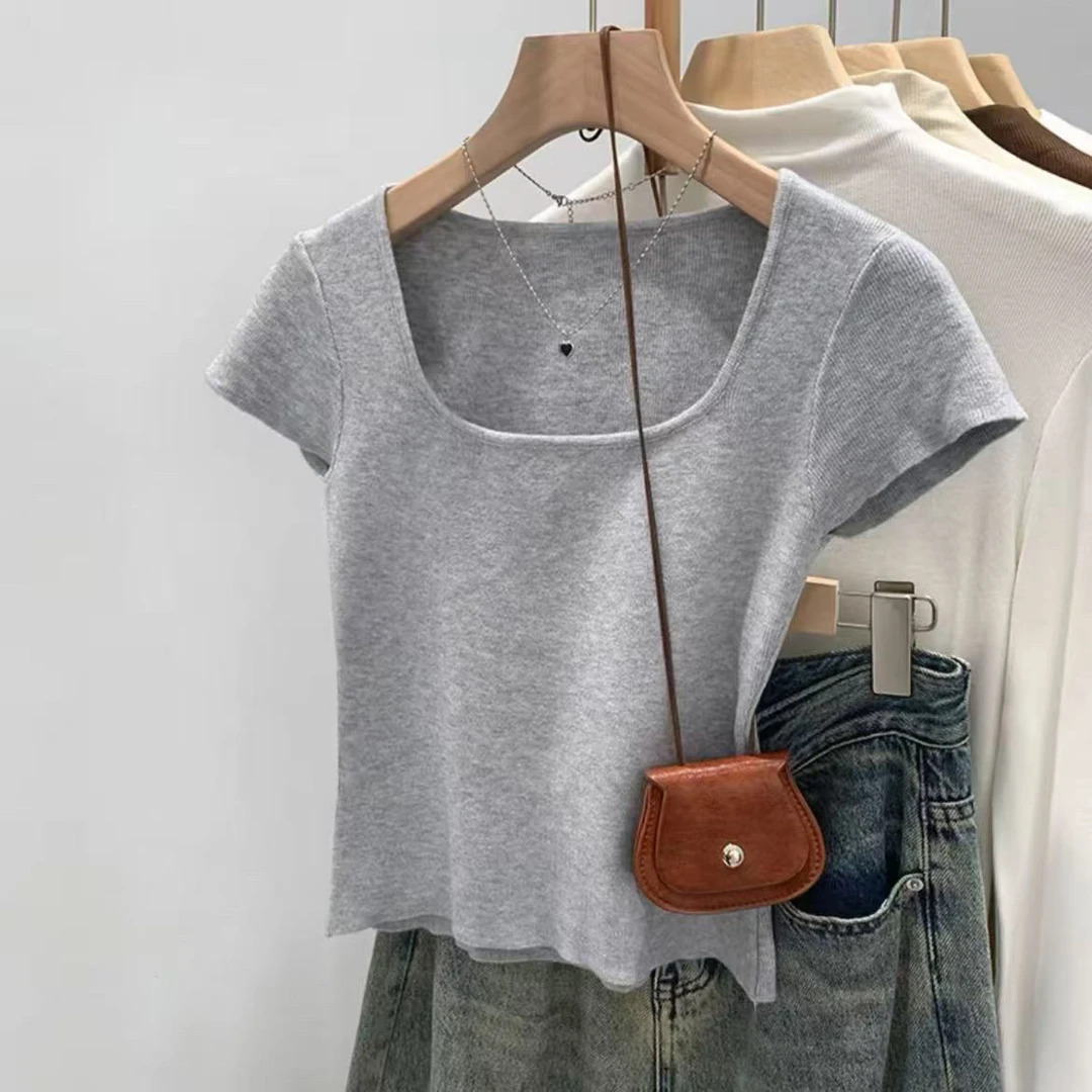 方U领法式冰丝夏季正肩方领气质百搭设计感女修身显瘦冰丝上衣