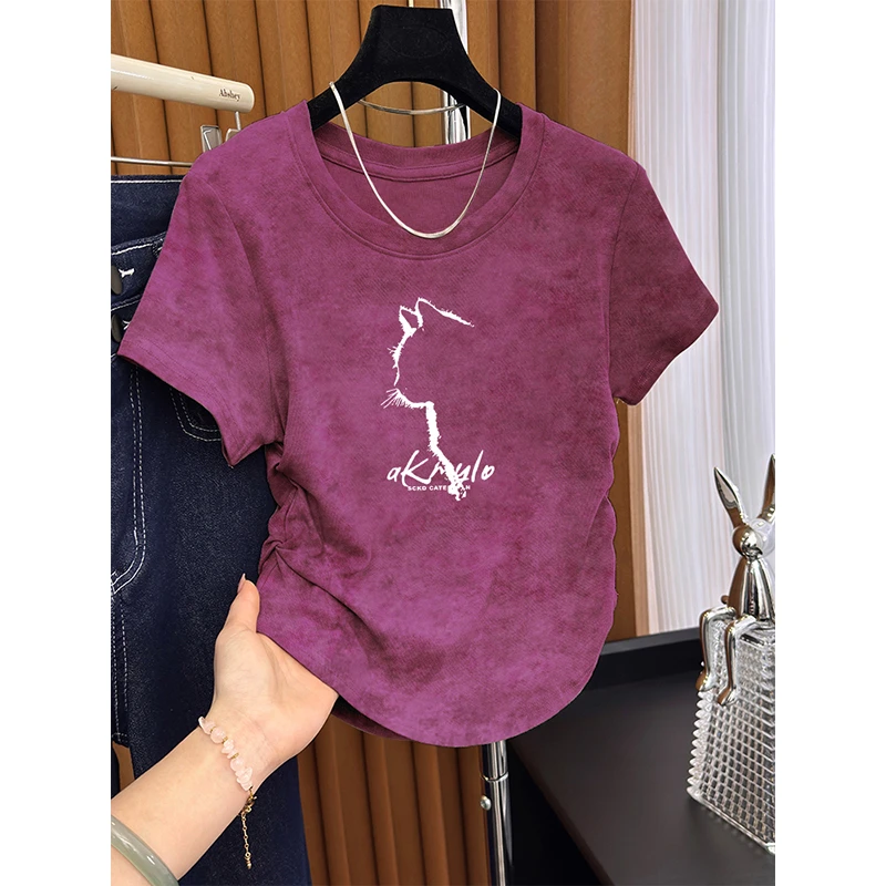 美式复古扎染正肩圆领短袖T恤女夏季新款褶皱收腰修身辣妹小上衣