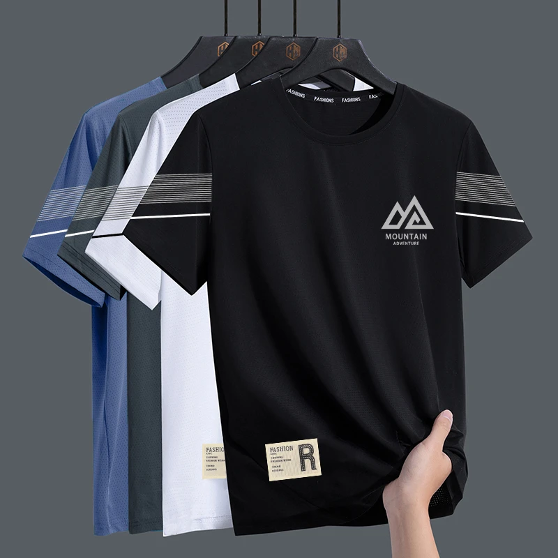 夏季男士冰丝短袖T恤男宽松圆领半袖体恤大码简约百搭速干上衣潮