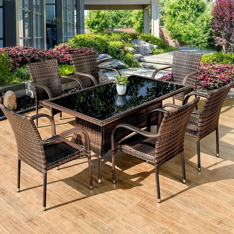 【藤朝品牌】庭院岩板餐桌椅组合仿编藤户外露台休闲藤椅花园桌椅