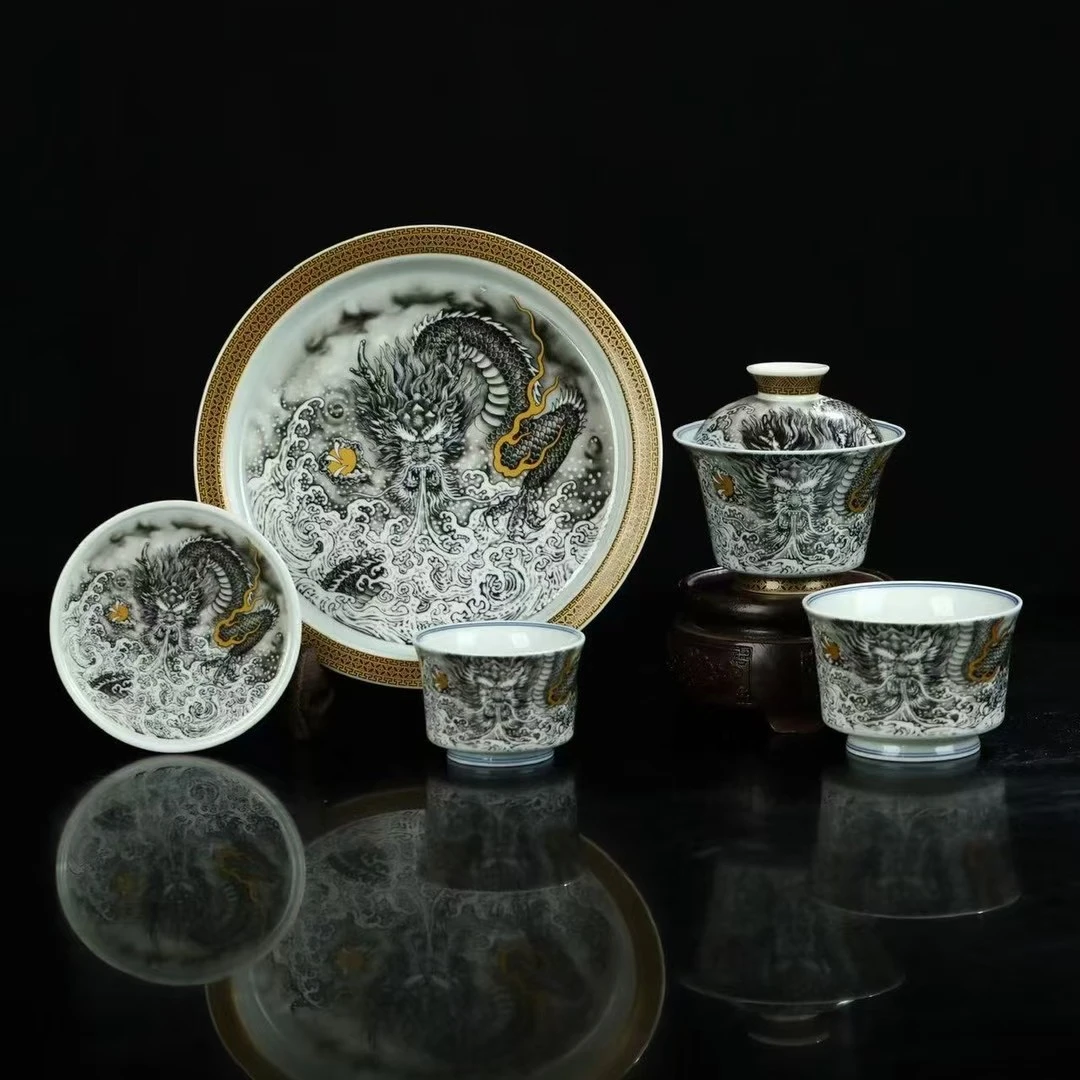 览源堂景德镇盖碗手工陶瓷水墨龙五件套礼盒送礼茶具套装高端全套