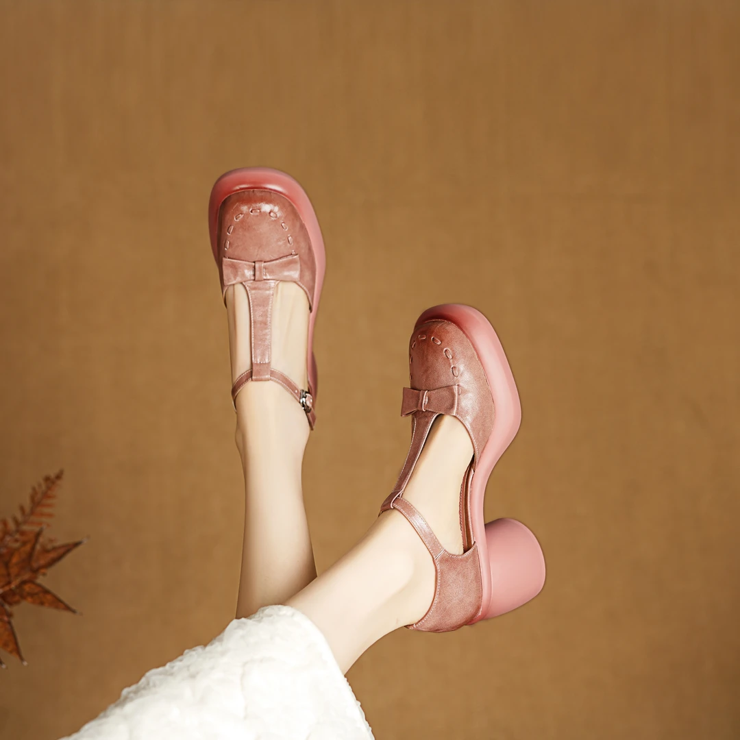 牛皮/7.5cm/百搭夏季外穿单鞋女真皮粗跟厚底增高跟圆头妈妈鞋