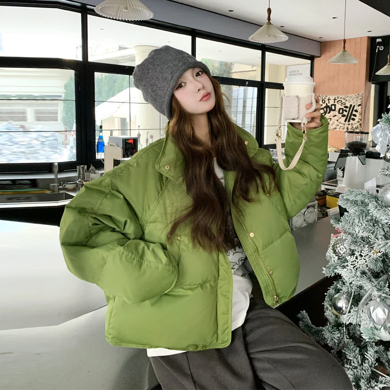 小众ins风立领羽绒服2025冬季新款韩版宽松超显白绿色抽绳面包服