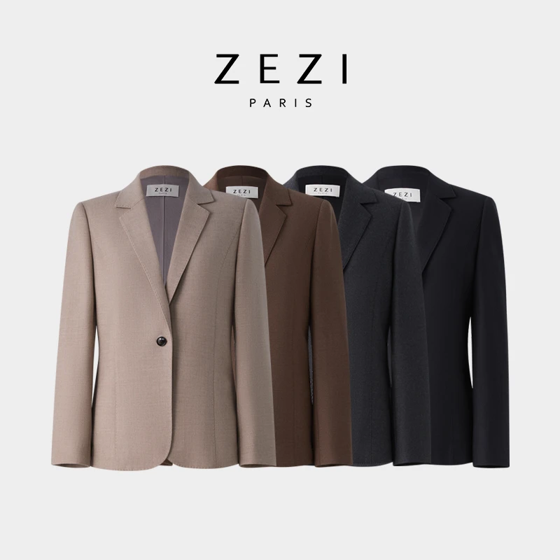 ZEZI弹力羊毛羊绒西装一粒扣休闲西服平驳领外套时尚女装春秋新款