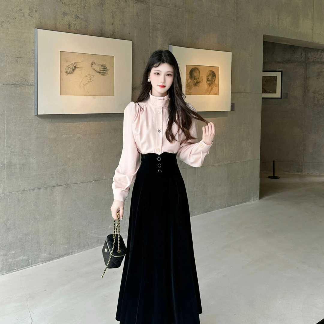 拉夏贝尔/25年秋季新款简约时尚宽松减龄复古上衣+半裙 10682 LSC