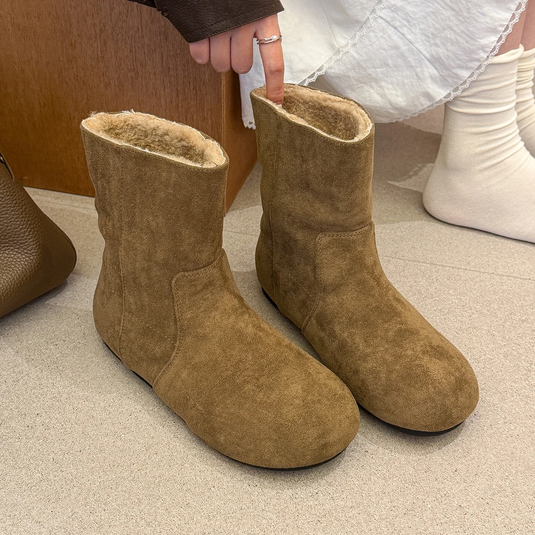 elingstudio 暖暖嘟！韩系沙灰色加绒保暖勃肯靴女冬季平跟雪地靴