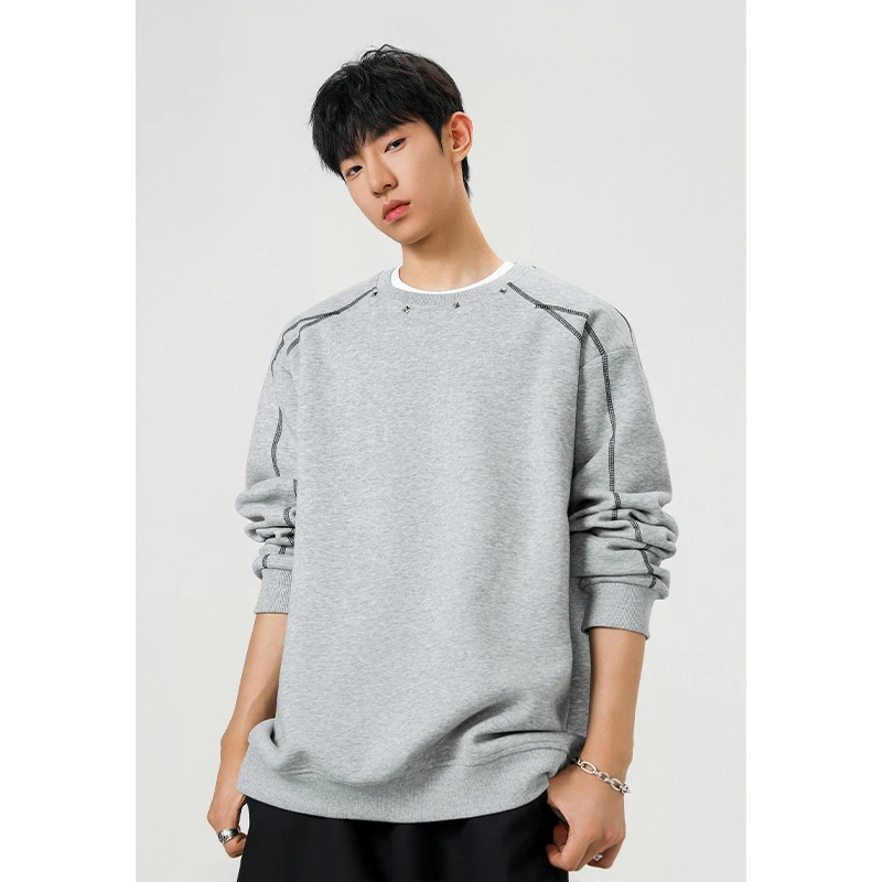 韩版复古辑明线铆钉圆领卫衣男生春秋季潮牌宽松情侣百搭套头上衣