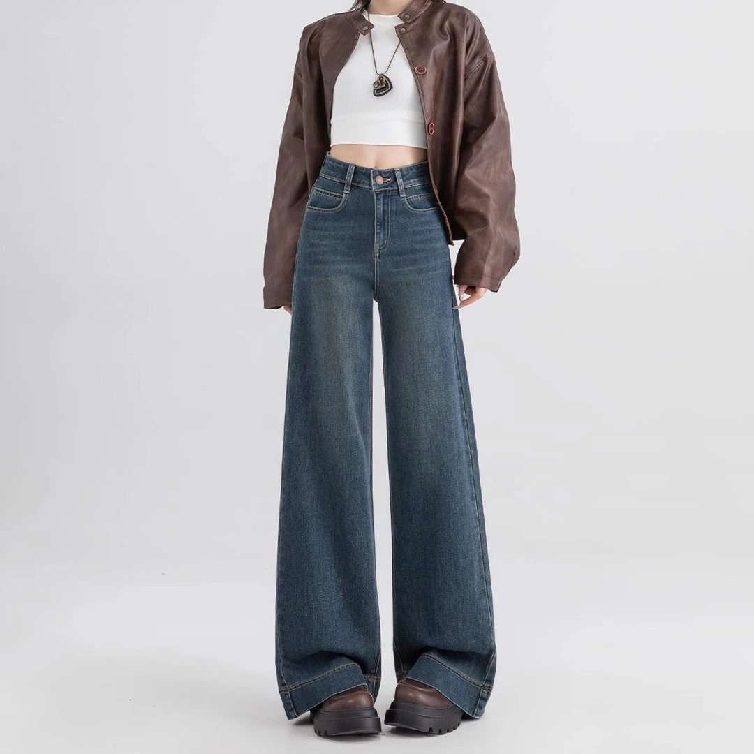 法芬图韩系复古蓝直筒牛仔裤女高腰春秋季弹力微喇拖地慵懒阔腿裤