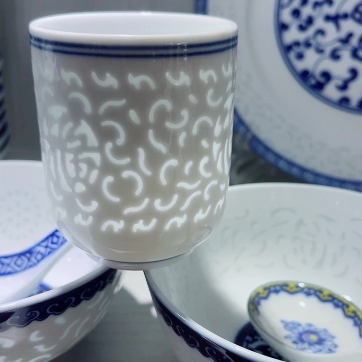 青花玲珑满雕素玲珑可乐杯