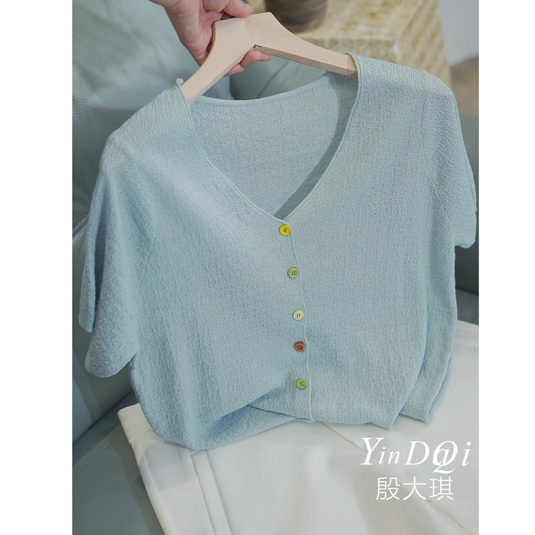 FL短袖针织开衫上衣女2025夏季薄款洋气简约百搭上衣