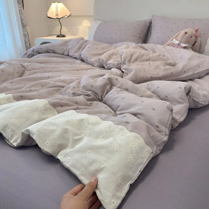 富安娜家纺适用ins少女心蕾丝花边四件套纯棉100全棉磨毛被套被罩