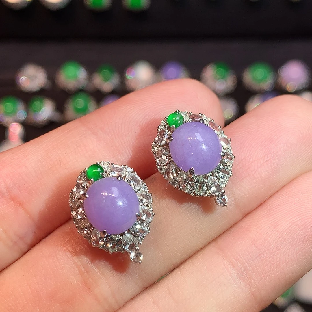 翡翠18K金镶嵌耳饰粉紫蛋面耳钉